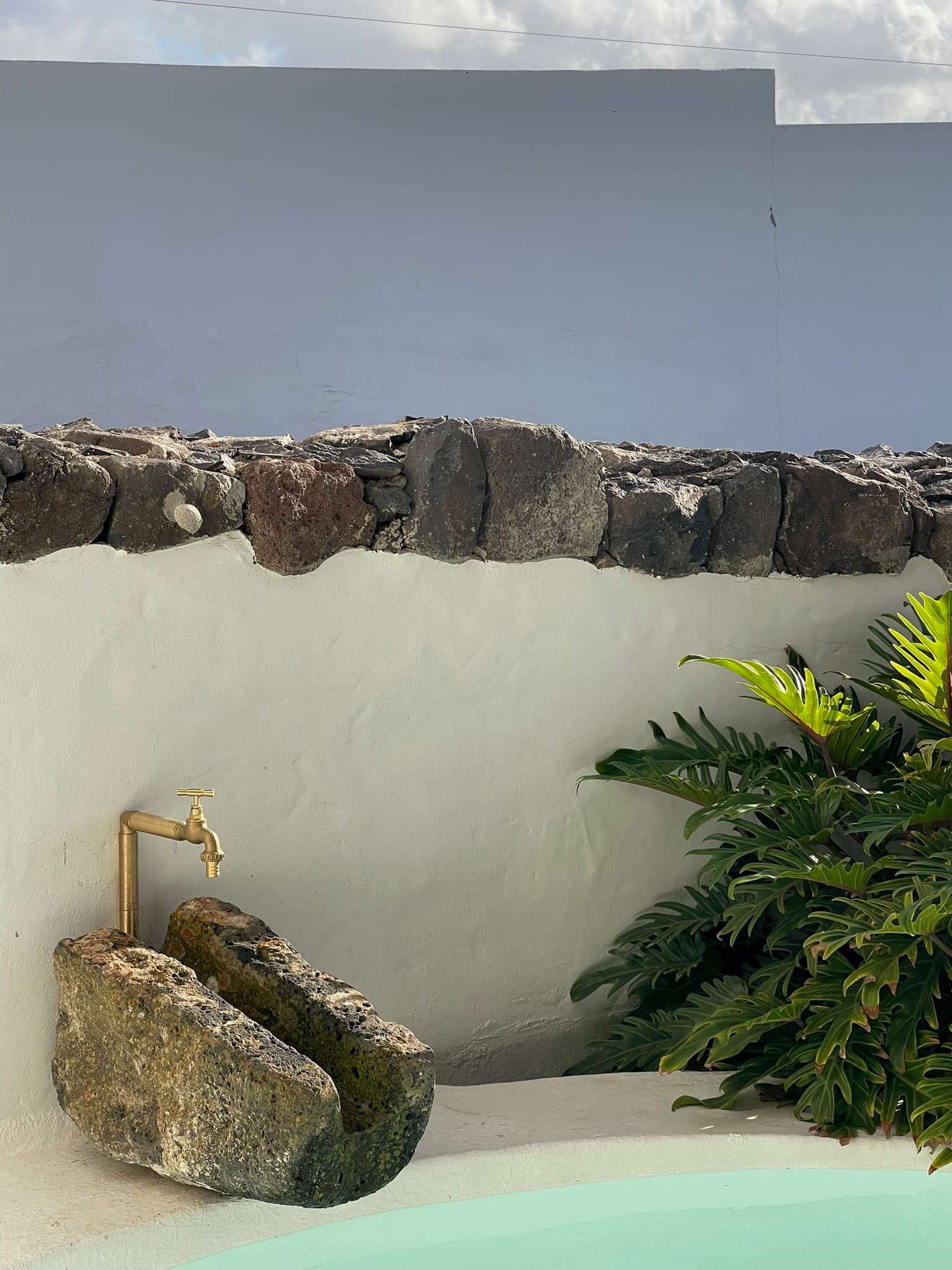 A window framing a courtyard of white walls, black stone and green leaves.